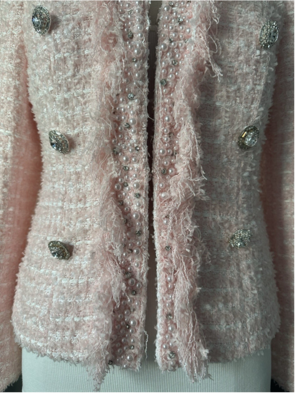 Women's Pink Tweed Jacket Strass &Pearl Size S/M - Picture 2 of 11
